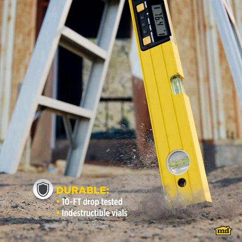 24 Inch Digital Level With LCD Readout And Audible Alerts For Precise Alignment In Construction Carpentry And DIY Projects Featuring A Heavy Duty Aluminum Frame in use outside.