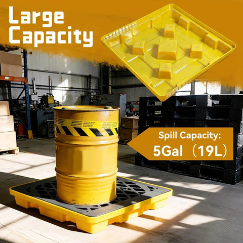 Spill Containment Pallet For One Drum 5 Gallon, Anti Slip Plastic Tray With 24 Inch Square Footprint in industrial setting