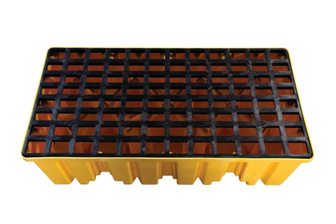 Top view of Beefed Up Heavy Duty Drum Spill Containment Pallet With Drain And Forklift Pockets, 66 Gallon Sump, yellow, for two drums.