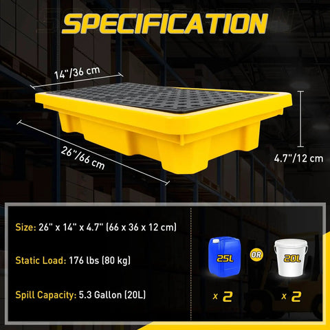 Two Drum Spill Containment Pallet With Drain For Heavy Duty Drum Storage In Garage Basement And Warehouse, 26x14x4.7 inches