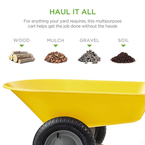 Close-up of Dual Wheel Home Utility Yard Wheelbarrow Garden Cart with Built In Stand 5 Cubic Foot Capacity 330 lb Load Yellow