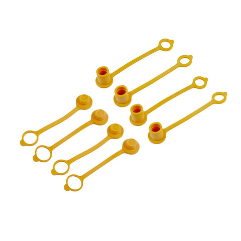 4 Pack 16mm Quick Connect Dust Cap And Plug Set For Propane And Natural Gas Lines, yellow rubber covers and plugs shown