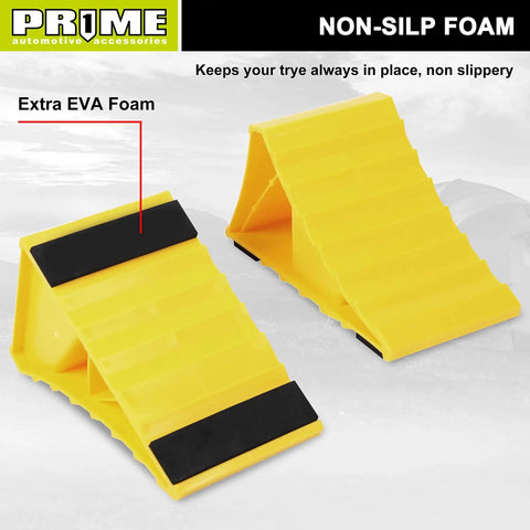 Bright Yellow Heavy Duty Wheel Chocks With Non Slip EVA Base For RV And Trailer 2 Pack No Rope Hassle And Lightweight Tire Stoppers For Cars Campers Trucks Fits Most Tire Sizes PR1ME displayed in standing position, showing non-slip EVA foam.
