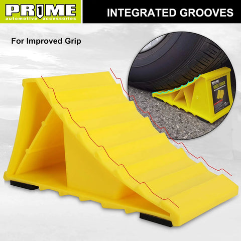 Bright Yellow Heavy Duty Wheel Chocks With Non Slip EVA Base For RV And Trailer 2 Pack No Rope Hassle And Lightweight Tire Stoppers PR1ME