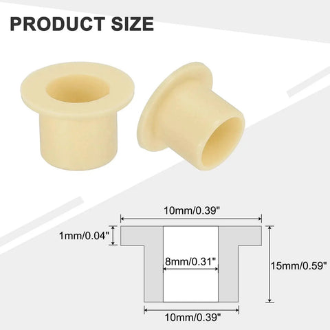 Diagrams and image of Six Pcs Flanged Sleeve Bearings 8 mm Inner Diameter 10 mm Outer Diameter 10 mm Length POM Plastic Bushing Yellow