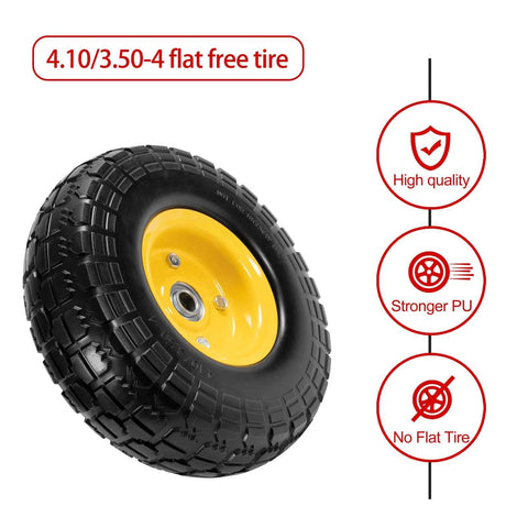 10" solid rubber tires and yellow wheels 4.10/3.50-4 flat free tire with 5/8" bearings for carts, wagons, and wheelbarrows