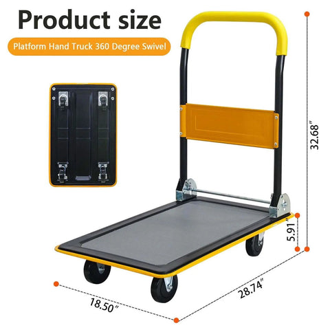 Foldable Push Cart Platform Cart 330lbs Capacity, Heavy Duty Steel Platform Truck Cart, 360 Degree Swivel, side view, yellow