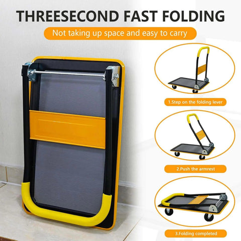 Folded yellow Foldable Push Cart Platform Cart 330lbs Capacity, Heavy Duty Steel Platform Truck Cart with instructions for easy folding.