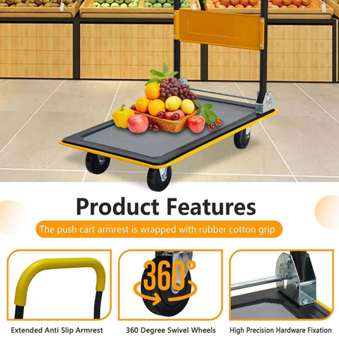 Foldable Push Cart Platform Cart 330lbs, yellow, with 360 swivel wheels, loaded with fruits, features anti-slip armrest grip.