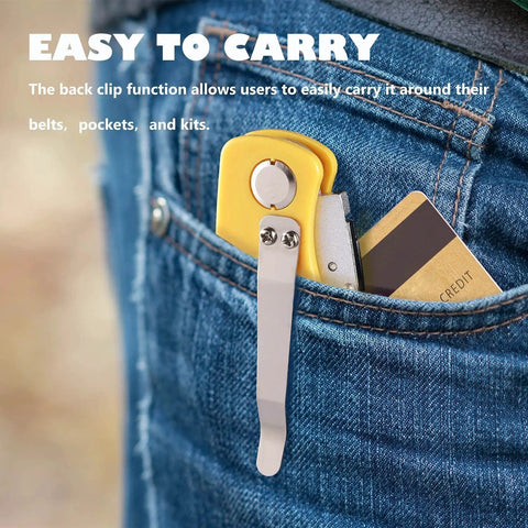 4-pack folding utility knife with quick-change blades clipped to a jeans pocket for easy carrying; yellow handle visible.