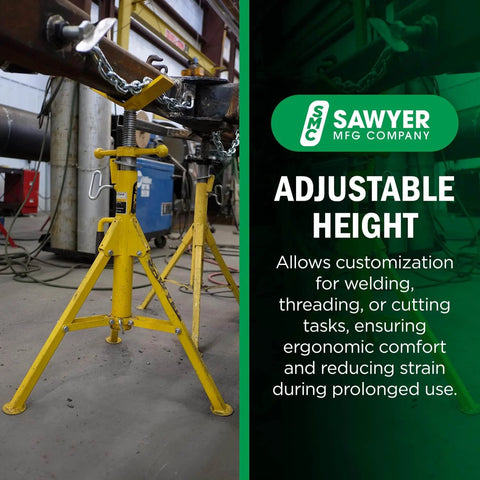 Folding V Head Pipe Stand - Heavy Duty Steel Tripod Welding Jack Stand in workshop, adjustable height 28" to 52"