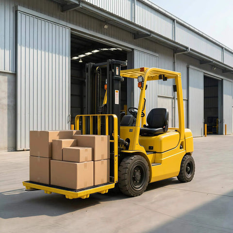 Yellow forklift transporting cardboard boxes outside a warehouse