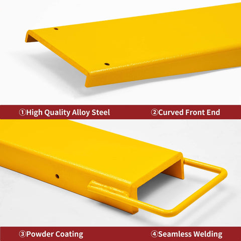 Heavy Duty Forklift Extensions 72 Inch Long And 4.5 Inch Wide Pack Of Two Pallet Fork Extenders For Forklift Trucks Steel Construction With Yellow Finish Fits 4.5 Inch Forks Expands Load Reach And Handling showing high-quality steel, curved front end, powder coating, seamless welding.