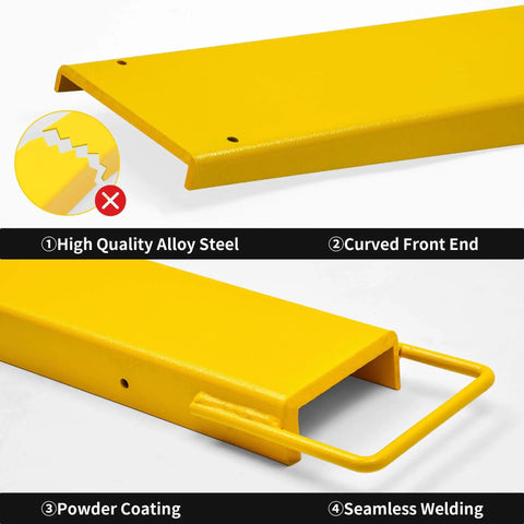Close-up of 84 Inch Fork Extensions For Forklifts, Heavy Duty Pallet Fork Extensions 4.5 Inch Wide, Durable Steel Construction, Yellow YINTATECH