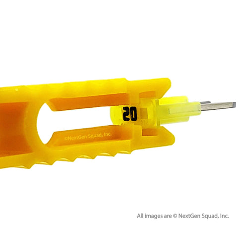 Close-up of yellow fuse puller holding a 20A fuse from the 50 Piece All In One Grab-and-Go Automotive Fuse Kit With Micro 2 Blade Fuses.