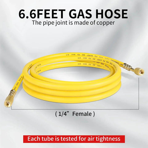 6.6-foot yellow gas hose with 1/4 inch female ends, suitable for connect to Beefed Up Nitrogen Regulator For Welding And Fabrication With 0 To 4000 PSI Input And 0 To 600 PSI Output, CGA580 Inlet, One Quarter Inch Male Flare Outlet, Two Inch Gauges With Protective Boots, Five Foot Refrigeration Hose For Home And Pro Use.