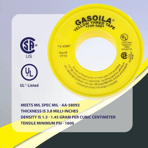 Professional Grade PTFE Thread Seal Tape for Gas Lines with Gasoila, high density leak proof seal, non toxic, half inch by 260 inches