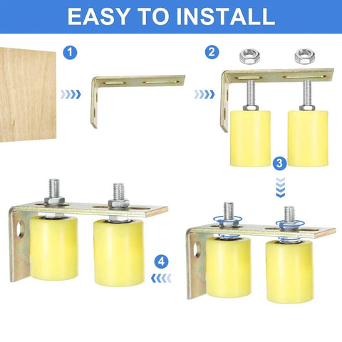 Installation steps of Gate Guide Roller Kit with 4 Nylon Rollers and 2 L Shaped Brackets, 2 Inch Diameter and 60mm Length, Yellow.