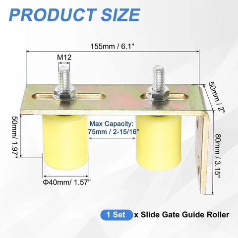 Sliding Gate Guide Roller Set With L Shaped Post Bracket, Includes Two Nylon Rollers In Diameter One And Five Eighths Inch And Length Two Inches, Universal Ball Bearing Gate Guider For Sliding Doors, Gate Support Assembly, Yellow, product dimensions shown.