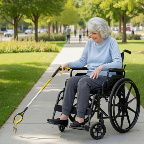 Woman in wheelchair using Two Pack Extra Long Grabber Reacher With Rotating Jaw 34 Inch Total Length And 32 Inch True Reach Mobility Aid