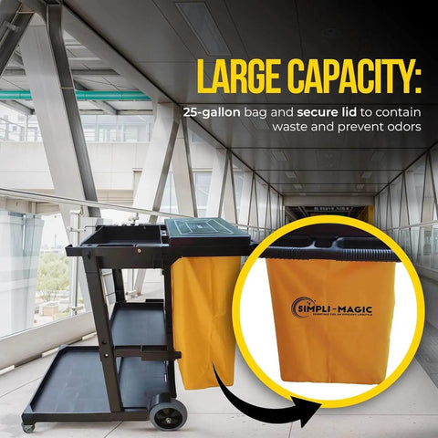 Beefed-Up Heavy Duty Commercial Cleaning Cart With 3 Shelves And Lid, Waste Bag Included, Side Mop And Broom Holders, 25 Gallon Waste Bag