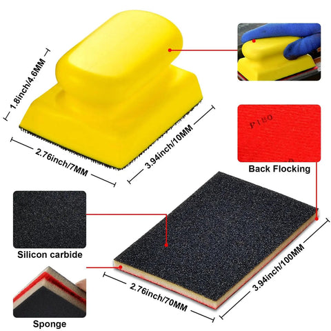 24 Piece Sanding Sponge Set 180 To 3000 Grit Foam Hand Sander 3x4in Wet Dry, showing yellow hand block with measurements and material details.