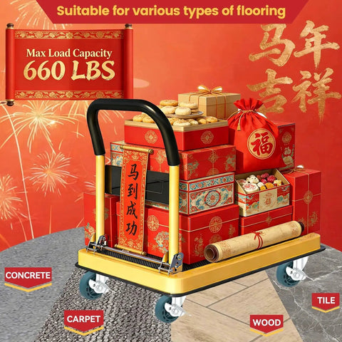 Hand truck with red gift boxes and decorations, 660 lbs capacity, showing different flooring types like concrete, carpet, wood, and tile.