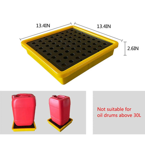 Drum Containment Spill Pallet For Oil Drums, Nestable Polyethylene Spill Tray With Drain, Anti Slip Detachable Platform For Garage Storage, Heavy Duty HDPE Leak Proof, 13.4 By 13.4 Inches, Yellow with Dimensions