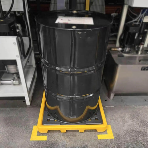 Black oil drum on Drum Containment Spill Pallet For Oil Drums, Nestable Polyethylene Spill Tray With Drain, Anti Slip Detachable Platform For Garage Storage, Heavy Duty HDPE Leak Proof, 13.4 By 13.4 Inches, Yellow.