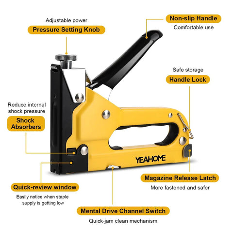 Heavy Duty 4 In 1 Upholstery Staple Gun With 4000 Staples And 1000 Pins, yellow body with black handle and adjustable features