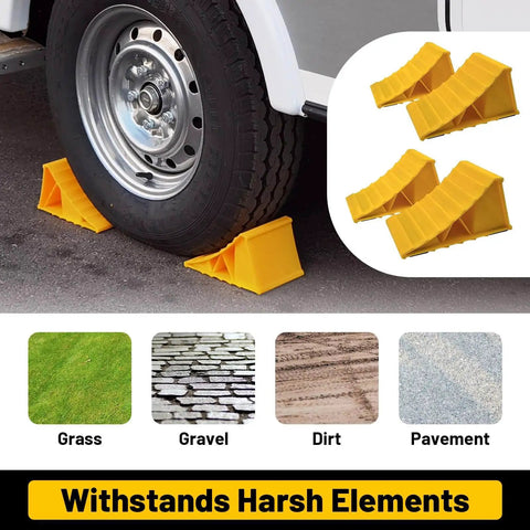 Heavy Duty Wheel Chocks For Travel Trailers And RVs Yellow 4 Pack Non Slip Lightweight Two Wheel Stopper Set For Cars Campers And Trucks With Grab And Go Carry Design By HOXWELL securing tire on pavement
