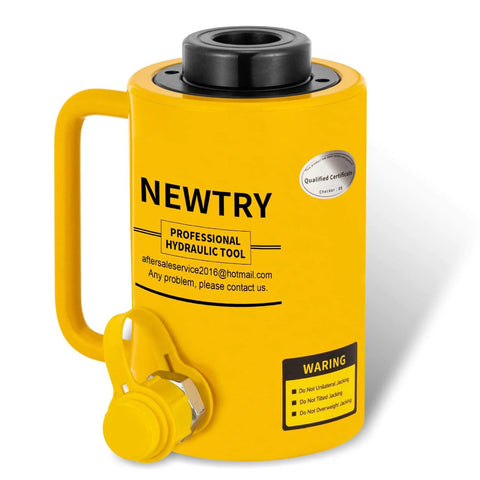 Yellow hydraulic jack showing NEWTRY branding, part of the ✝️ 20 ton Hydraulic Hollow Jack Cylinder 2’’ Stroke Porta Power Ram Industrial Lifting Jack Retract Automatically.