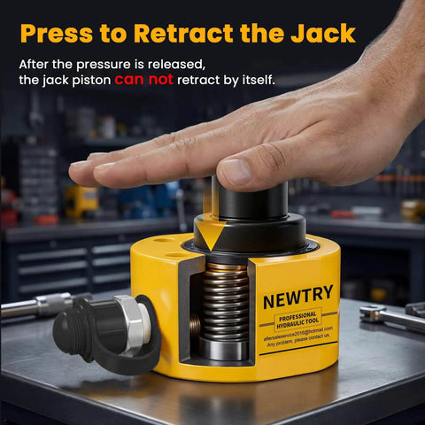 Person pressing 10 Ton Hydraulic Ram Jack With Low Profile Multi Section Cylinder 1 Inch Total Stroke Portable Workhorse for machinery bridges and construction projects Newtry.