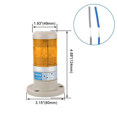 Continuous 24V Yellow LED Industrial Signal Light Tower Lamp With All Round Warning Function For Machinery Direct Mount Rugged Industrial Grade 80 x 124 Mm Base Diameter 3.1 x 4.9 Inches LTP502T with size dimensions