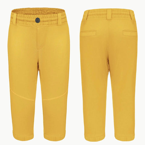 Front and back view of Kids Knicker Baseball Pants For Tee Ball And Softball Practice With Belt Loops Youth Short Knickers in Bright Yellow.