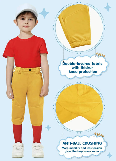 Kids Knicker Baseball Pants For Tee Ball And Softball Practice With Belt Loops Youth Short Knickers For Boys And Girls Knicker Style Elastic Hem Below The Knee Bright Yellow 2T 3T 4T 5T with double-layered fabric, worn by a young child in a red shirt and cap.