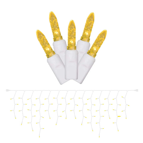 Yellow Twinkle M5 LED Icicle Lights On White Wire For 9 Foot Christmas Decor 70 Bulbs with End to End Connect