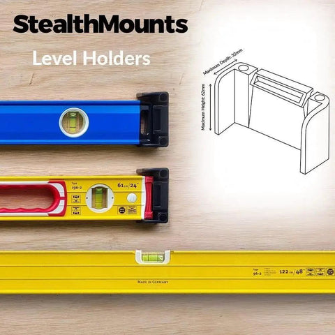 Yellow Universal Level Holder With Locking Mounts For All Levels In A 2 Pack Fits All Brands And Surfaces Ready For Secure Level Storage And Hassle Free Transport StealthMounts Built For Everyday Use No Brainer Setup holding various colored levels