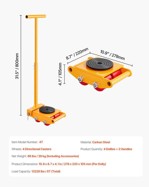 6 Ton Machine Skate Dolly with 360 degree rotating cap, heavy duty machinery mover rated for 13228 lbs in yellow, side view