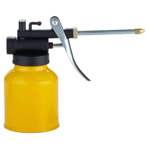Two Pack Metal Yellow Pump Oil Can with Three Spouts for Precise Lubrication in Tight Gaps Flexible High Pressure Nozzle Ergonomic Curved Trigger Handle Durable Oiler Sprayer for Machinery Automotive DIY Projects and General Maintenance