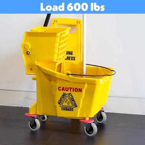 Yellow mop bucket with Four Piece Mop Bucket Wheel Replacement Set Non Marking TPR Casters For Models 7570 L2 7571 7580 7581 7582 7583 And WaveBrake With Easy Plug And Play 3 Inch Wheels And Point Six Inch Stem For Quick Replacement.