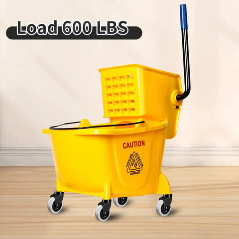 Yellow mop bucket with black handle on 3 Inch Mop Bucket Wheel Replacement Set Of 4 Non Marking TPR Castors For Rubbermaid.