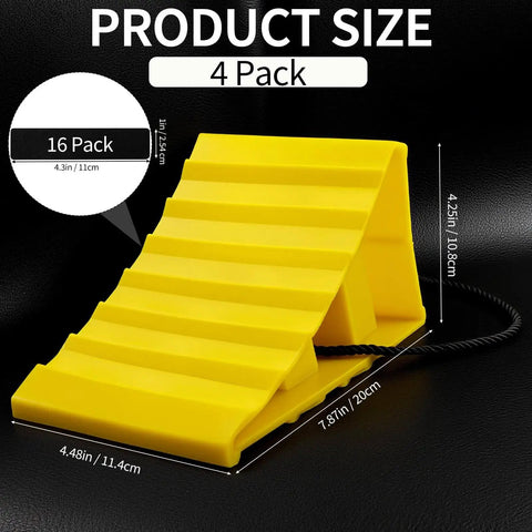 4 Pack Heavy Duty Non Slip Wheel Chocks With Rope For Camper RV Trailer And Trucks Yellow Plastic Wheel Stoppers Block With 16 Anti Slip Pads, Stackable Design For Easy Storage And Maximum Wheel Security shown from a side view with dimensions.