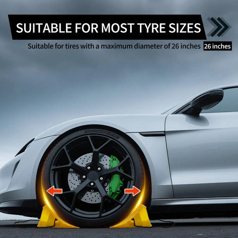 4 Pack Heavy Duty Non Slip Wheel Chocks With Rope For Camper RV Trailer And Trucks Yellow Plastic Wheel Stoppers Block With 16 Anti Slip Pads, Stackable Design For Easy Storage And Maximum Wheel Security placed under car tire.