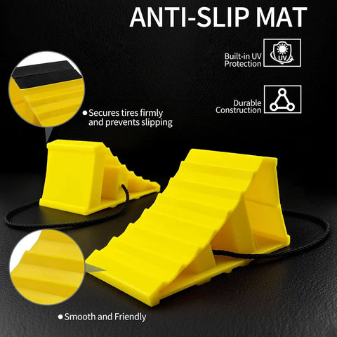 4 Pack Heavy Duty Non Slip Wheel Chocks With Rope For Camper RV Trailer And Trucks Yellow Plastic Wheel Stoppers Block With 16 Anti Slip Pads, Stackable Design For Easy Storage And Maximum Wheel Security shown with close-up of anti-slip pad and rope.