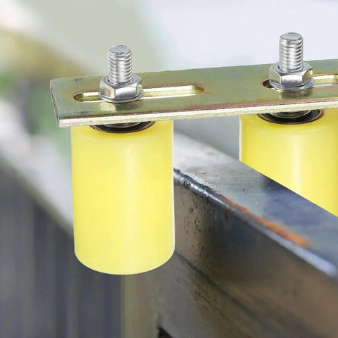 Sliding Gate Guide Roller Set With L Shaped Post Bracket, Includes Two Nylon Rollers In Diameter One And Five Eighths Inch And Length Two Inches, Universal Ball Bearing Gate Guider For Sliding Doors, Gate Support Assembly, Yellow.