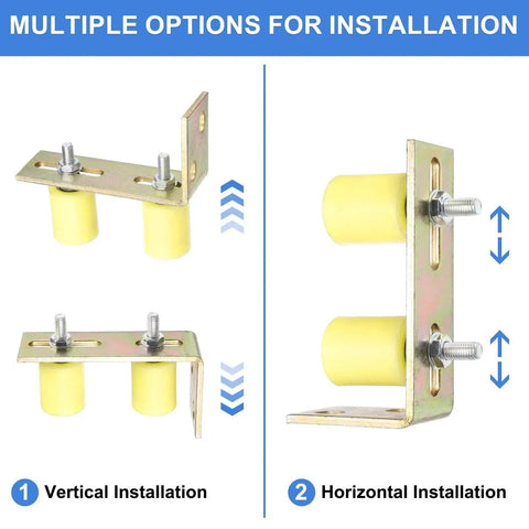 Sliding Gate Guide Roller Set With L Shaped Post Bracket, Includes Two Nylon Rollers In Diameter One And Five Eighths Inch And Length Two Inches, Universal Ball Bearing Gate Guider For Sliding Doors, Gate Support Assembly, Yellow, shown with vertical and horizontal installation options.