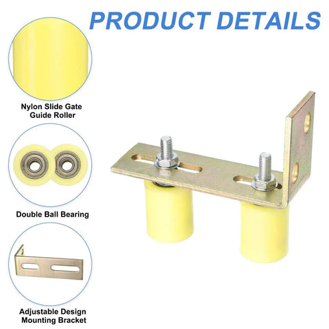 Sliding Gate Guide Roller Set With L Shaped Post Bracket, Includes Two Nylon Rollers In Diameter One And Five Eighths Inch And Length Two Inches, Universal Ball Bearing Gate Guider For Sliding Doors, Gate Support Assembly, Yellow.