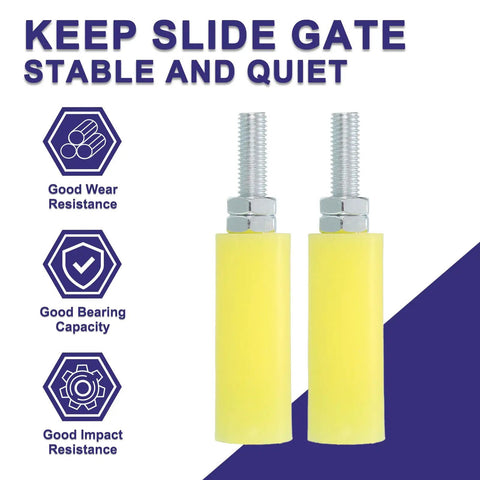 Two yellow 4 Pack Slide Gate Guide Rollers With Nylon Wheels, 3 Inch Gate Support Assembly shown with features highlighted.