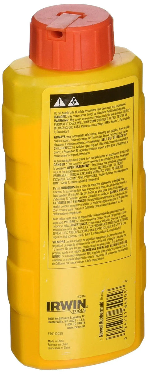 High Visibility Orange Chalk For Chalk Lines 8 Ounce Weather Resistant Marking Chalk Ideal For Metal Concrete Lumber Plastic Cardboard Exterior Use Bright Orange For Fast Visible Layouts in yellow plastic bottle with red cap, side view